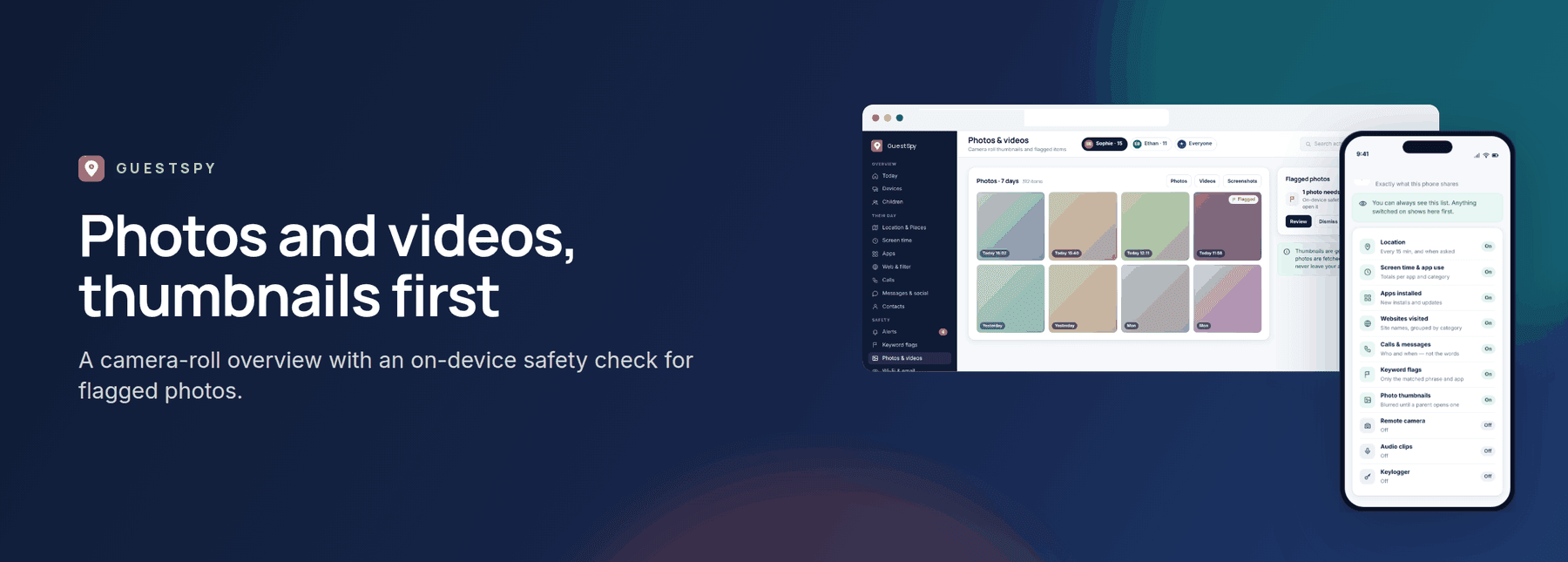 GuestSpy banner: photos and videos, shown with the web panel and the child app
