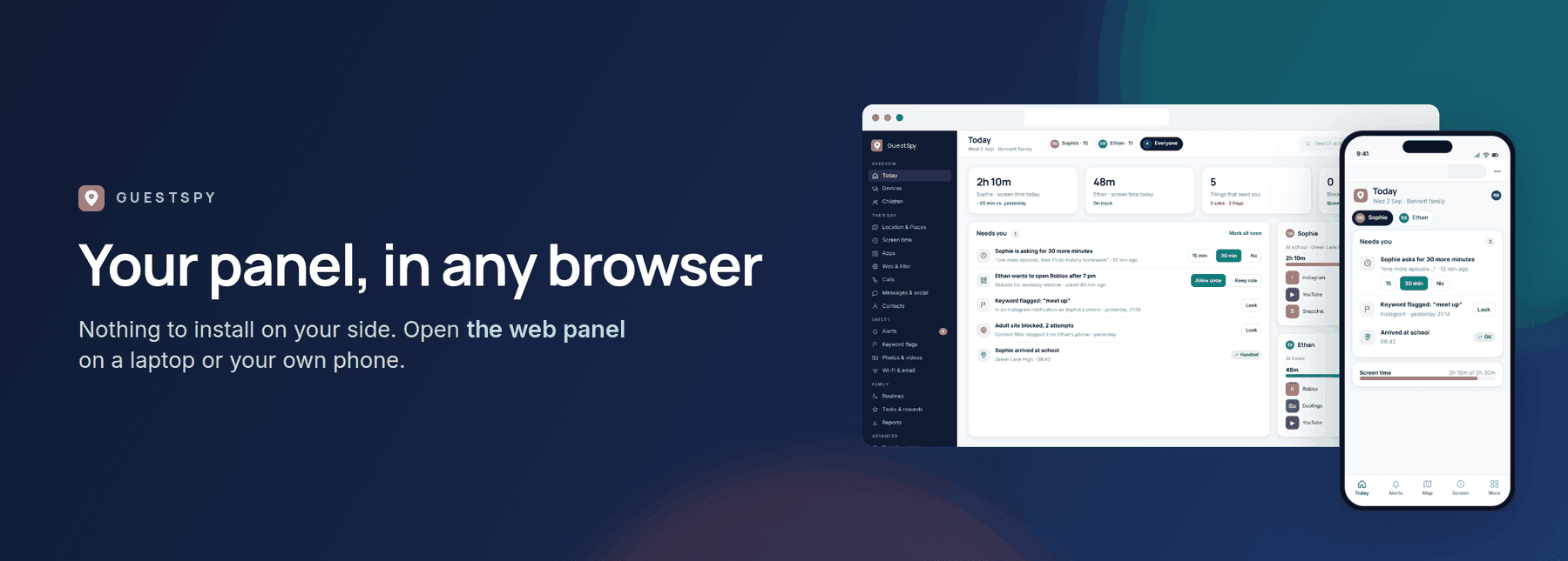 GuestSpy banner: the parent panel in any browser, shown with the web panel and the child app