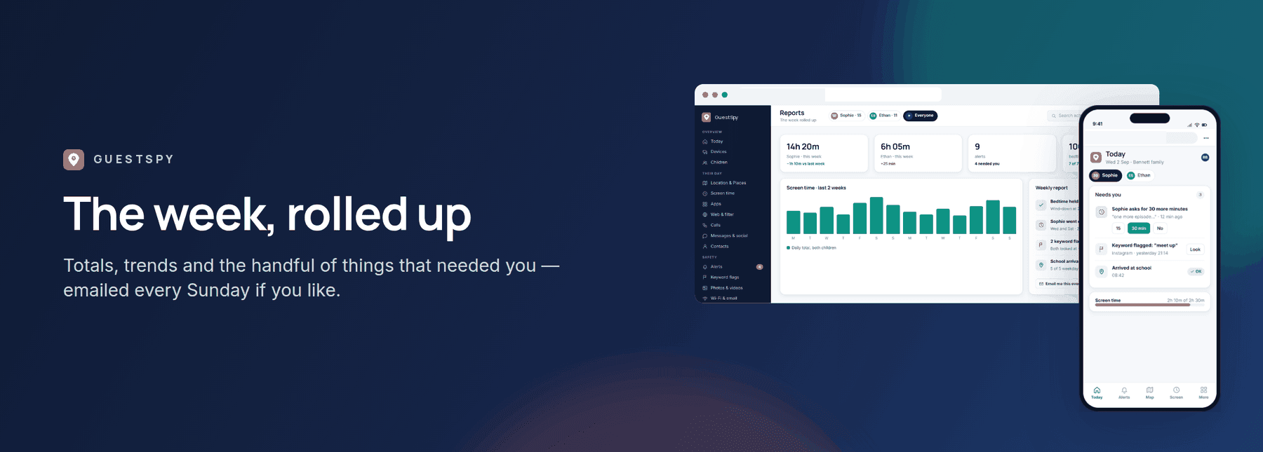 GuestSpy banner: weekly reports, shown with the web panel and the child app
