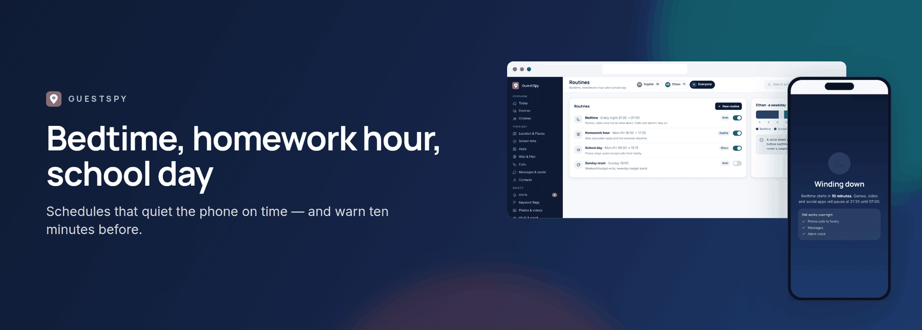 GuestSpy banner: bedtime, homework hour and school-day routines, shown with the web panel and the child app