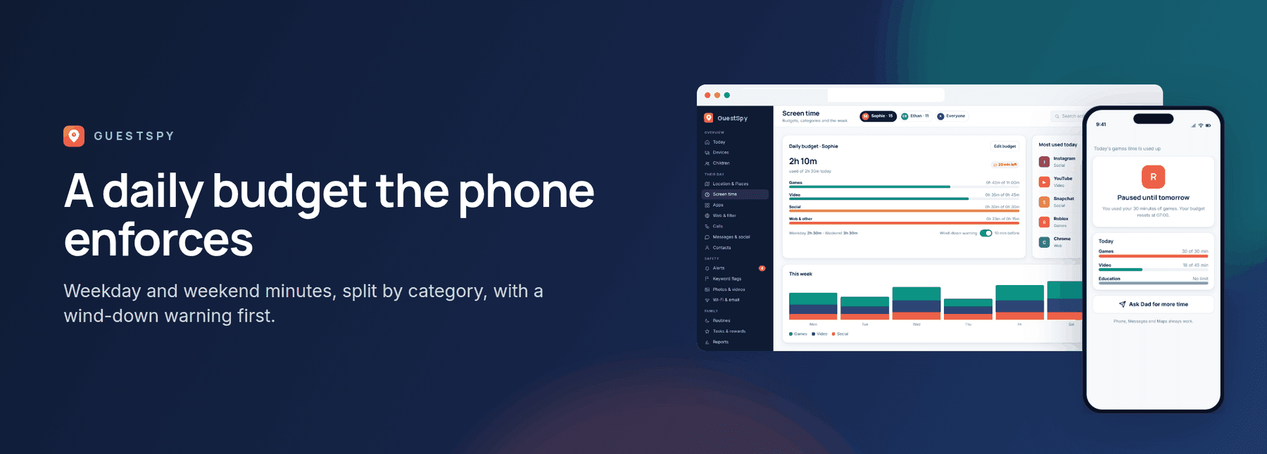 GuestSpy banner: a daily screen-time budget the phone enforces, shown with the web panel and the child app