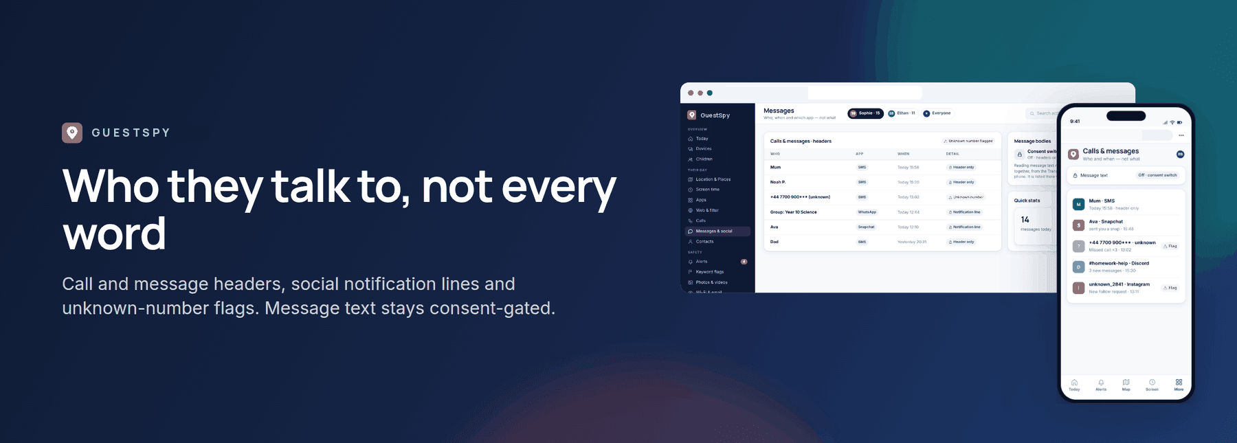 GuestSpy banner: messages and social, headers not words, shown with the web panel and the child app