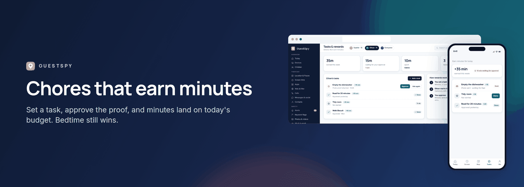 GuestSpy banner: tasks and rewards, shown with the web panel and the child app