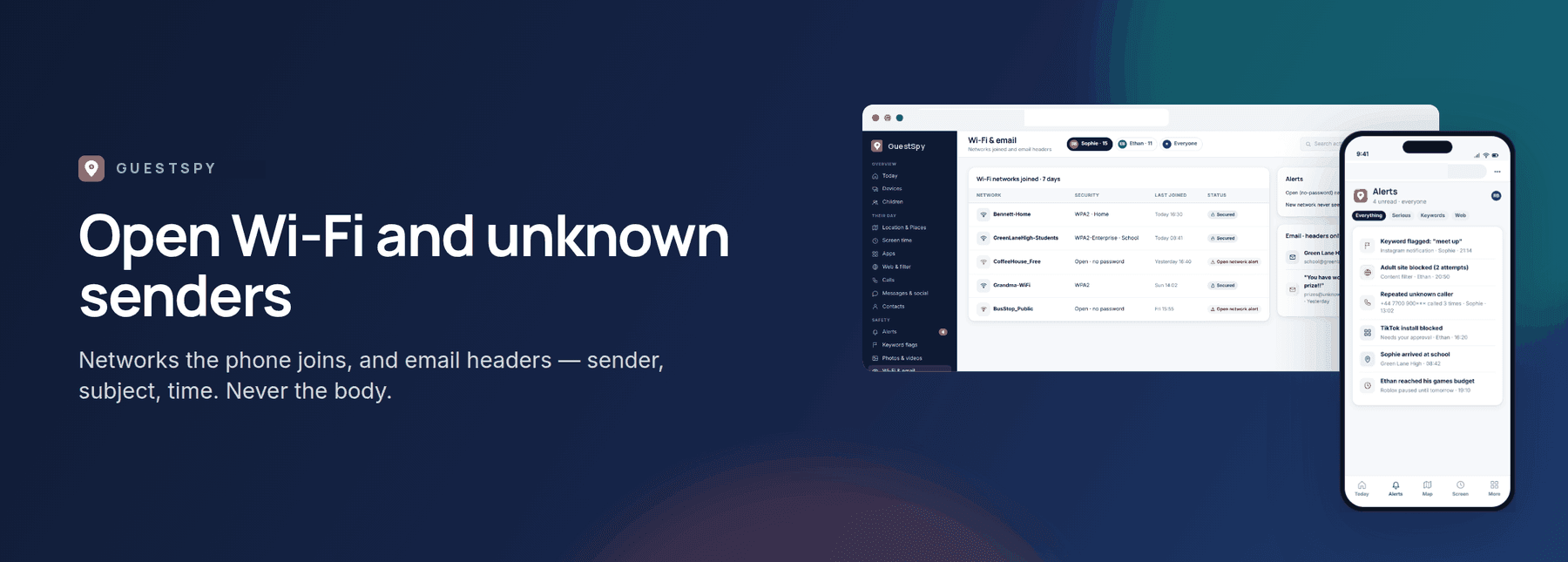 GuestSpy banner: Wi-Fi and email monitoring, shown with the web panel and the child app