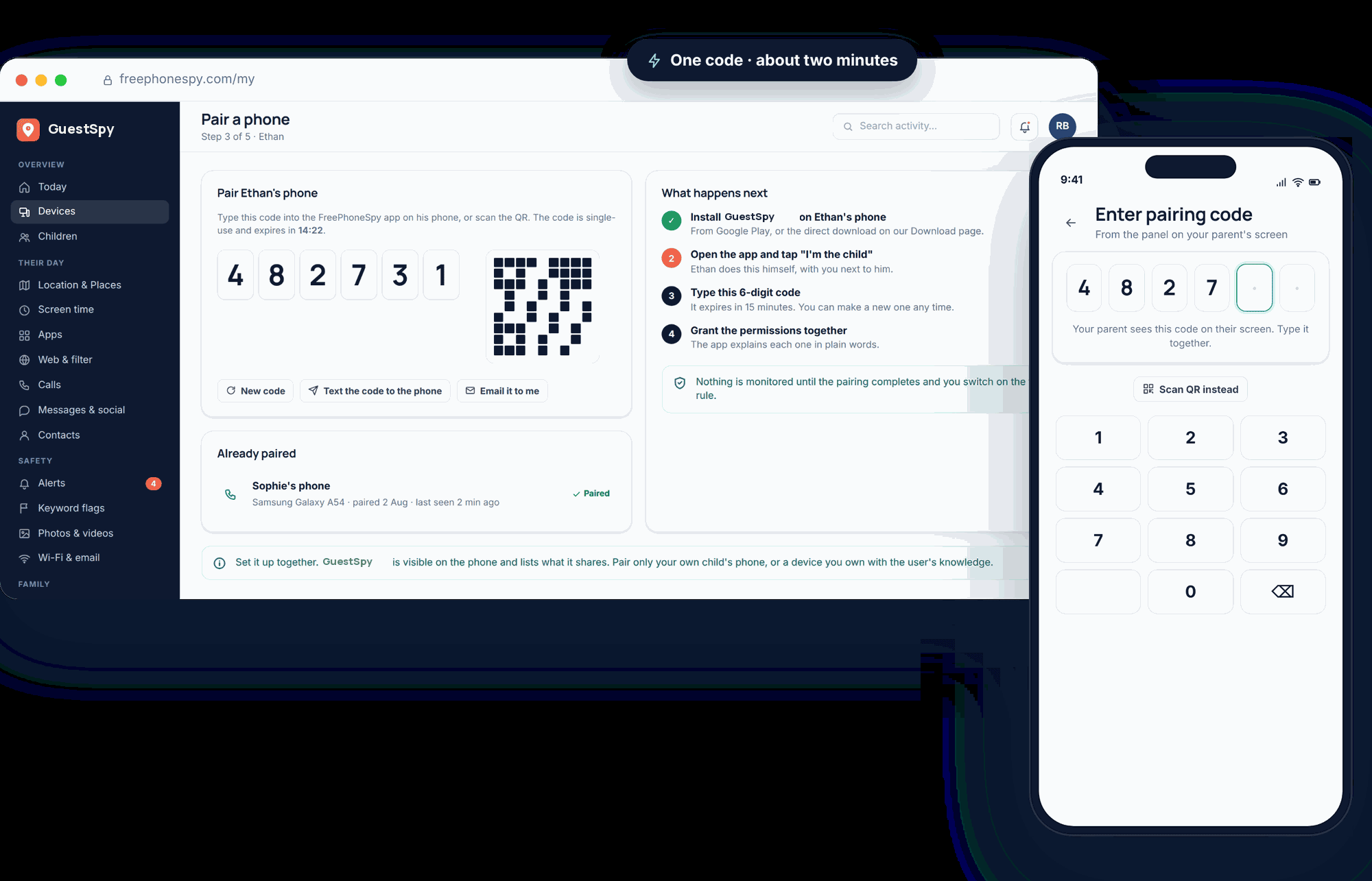 The GuestSpy “Pair a phone” screen in a browser next to the child’s phone entering the same 6-digit code