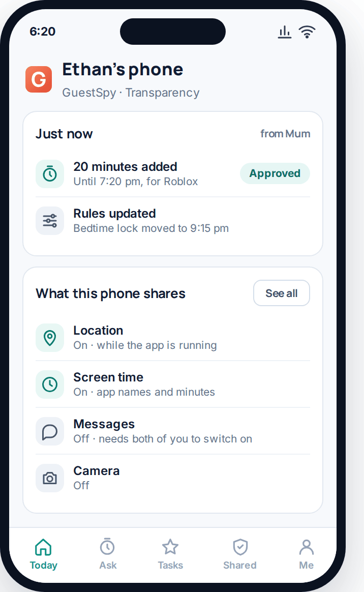 The GuestSpy child app: a Transparency screen showing 20 minutes added by Mum, updated rules, and the list of what the phone shares with location and screen time on but messages and camera off