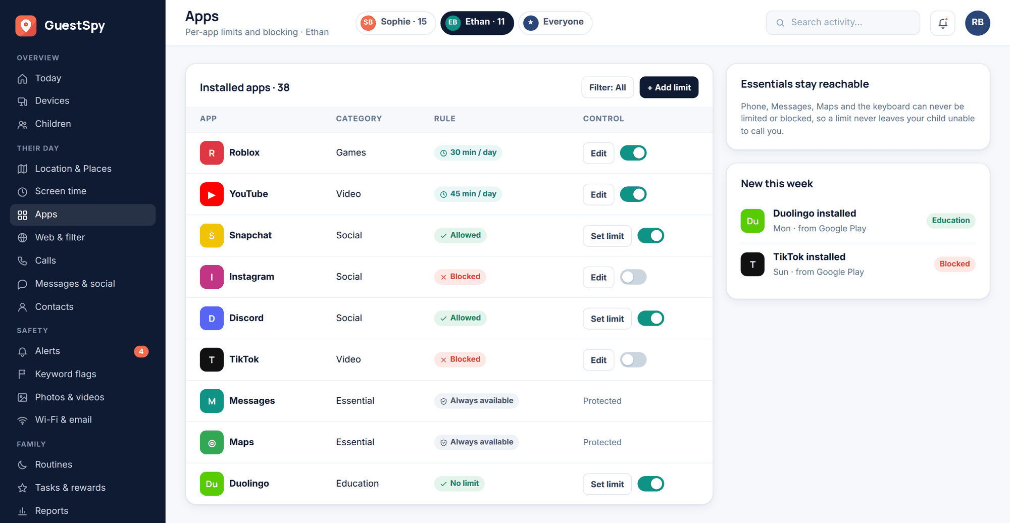GuestSpy web panel: installed apps list with per-app time limits and block toggles; Phone, Messages and Maps are marked as protected essentials