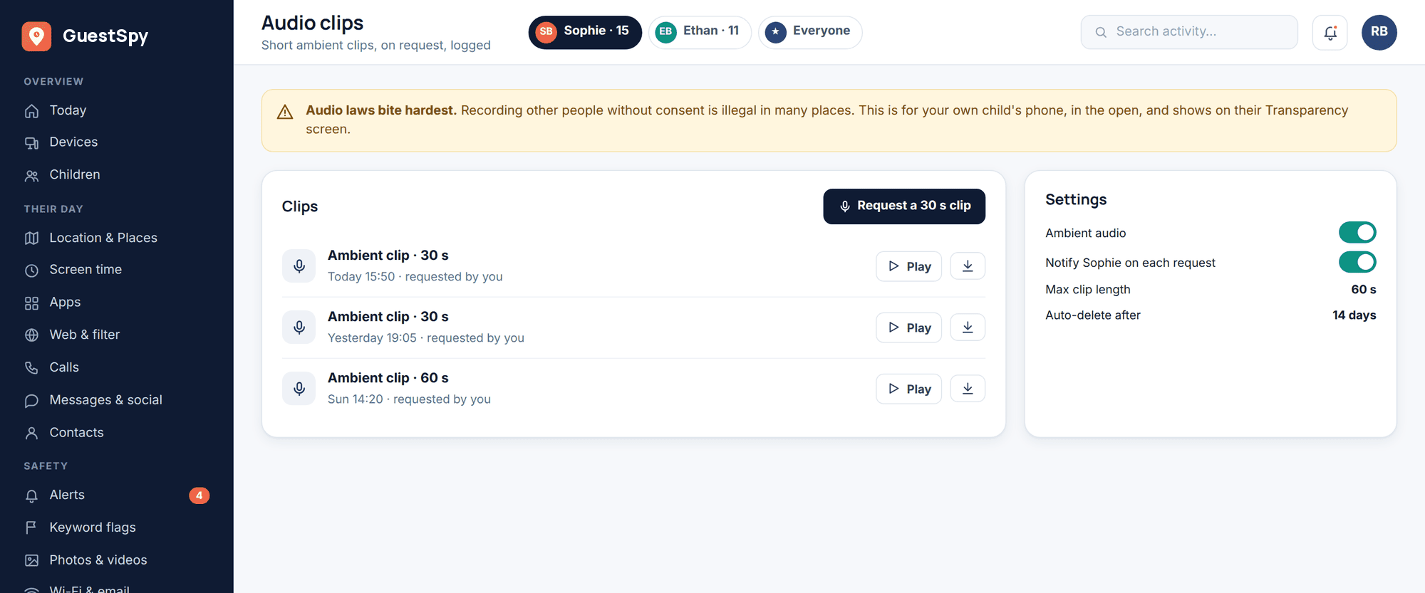 GuestSpy web panel: ambient audio clips list with play controls, a request button, settings for clip length and auto-delete, and a consent-law warning