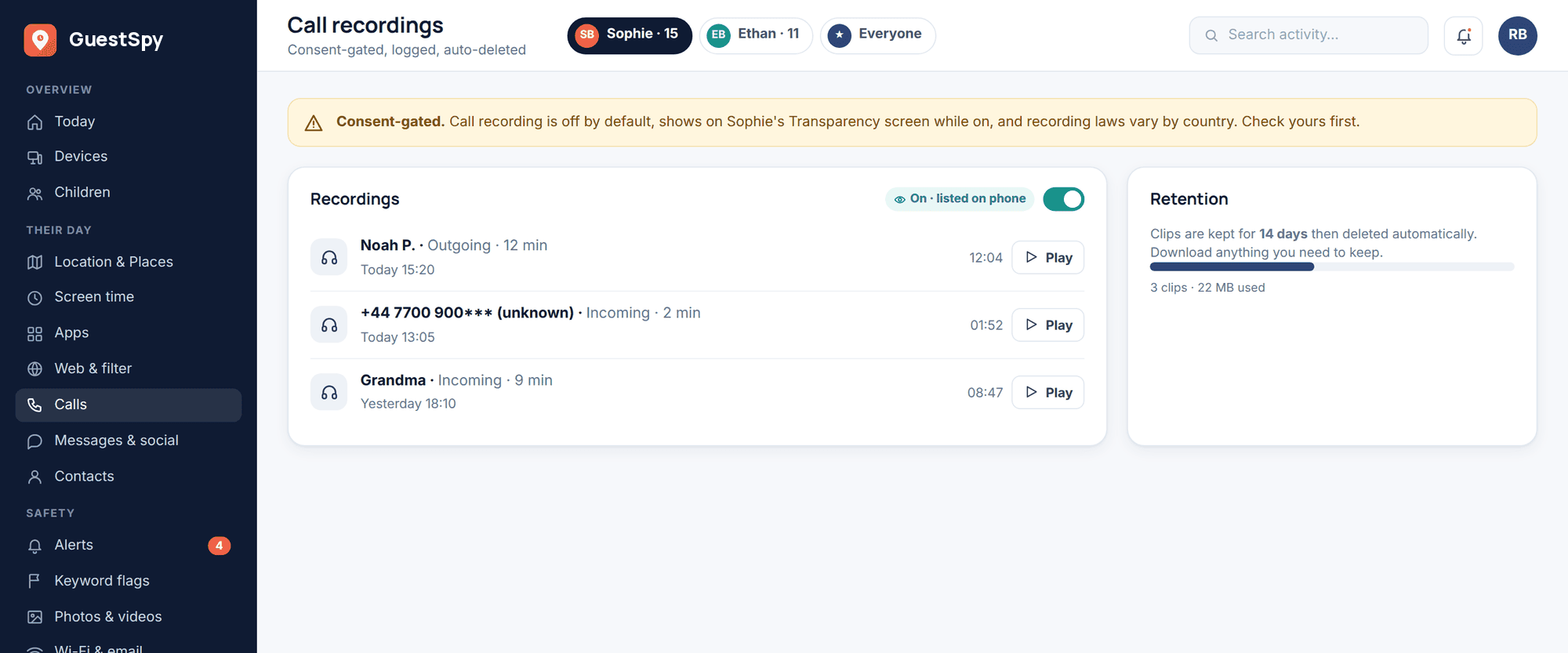 GuestSpy web panel: consent-gated call recordings list with play controls, a 14-day retention notice and a legal reminder