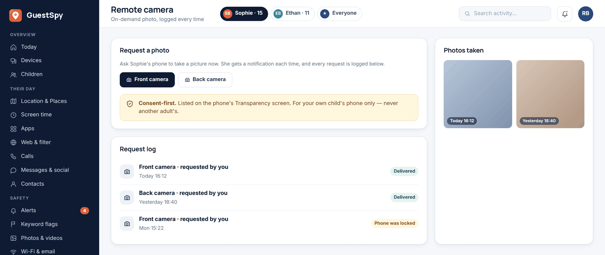 GuestSpy web panel: remote camera screen with front and back camera request buttons, a consent-first notice and a log of every request