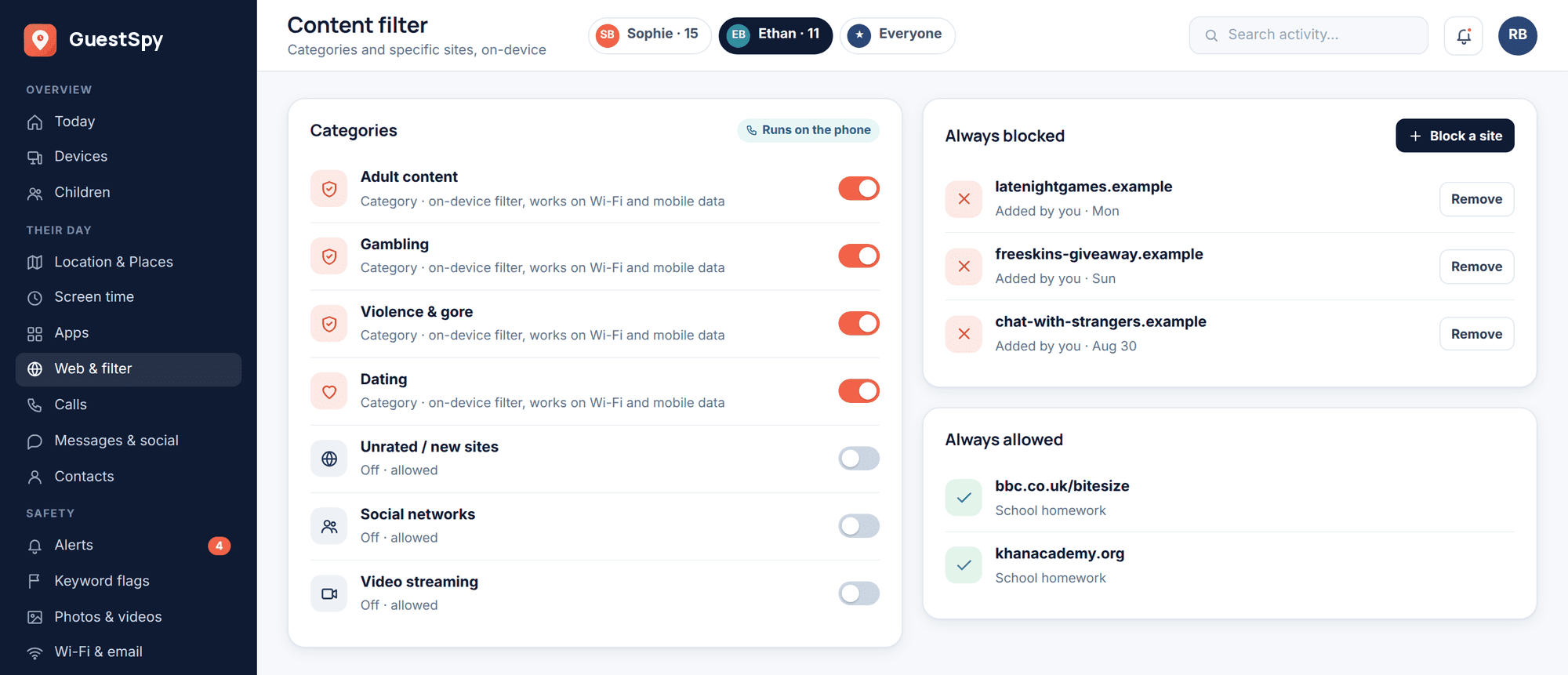 GuestSpy web panel: on-device content filter with category toggles (adult, gambling, violence, dating) and lists of always-blocked and always-allowed sites