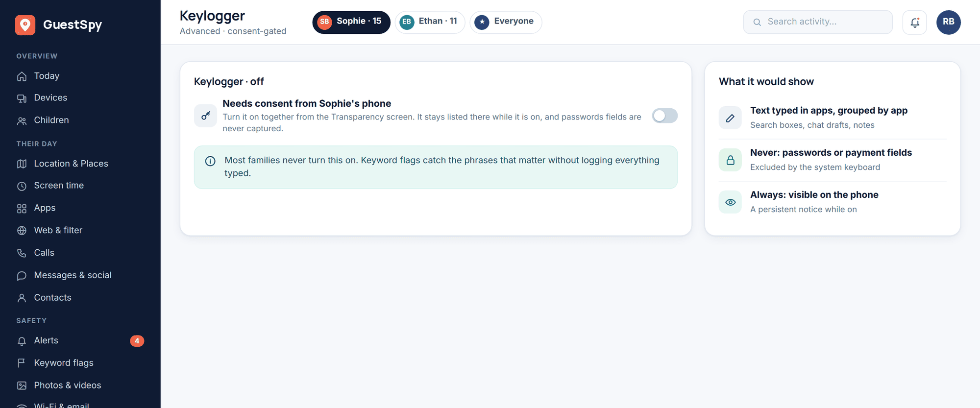 GuestSpy web panel: the keylogger switched off, explaining it needs consent from the child’s phone and never captures passwords