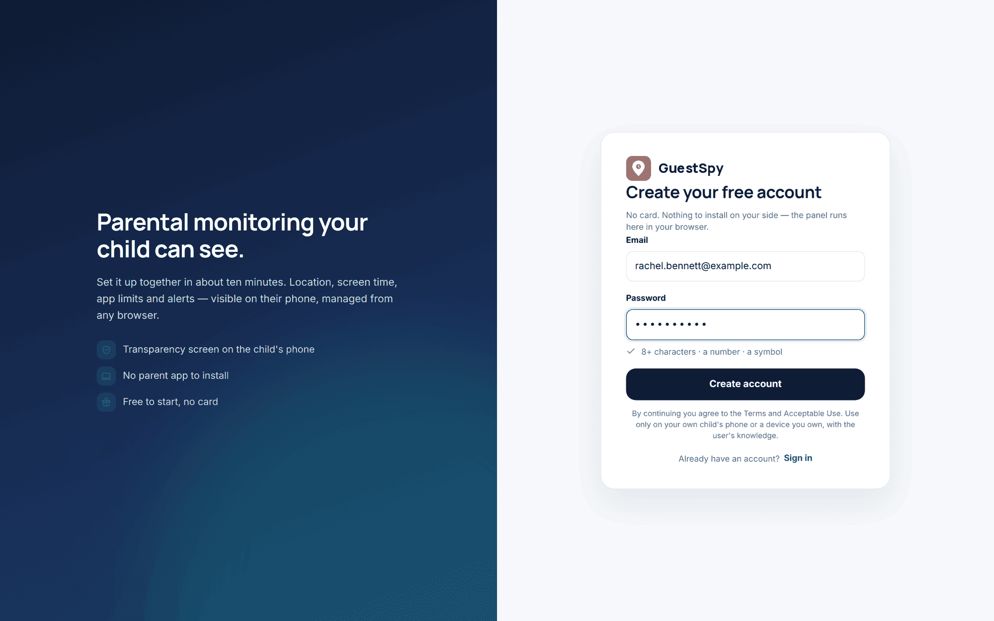GuestSpy sign-in page in a browser where a parent creates a free account — no card and nothing to install on the parent’s side
