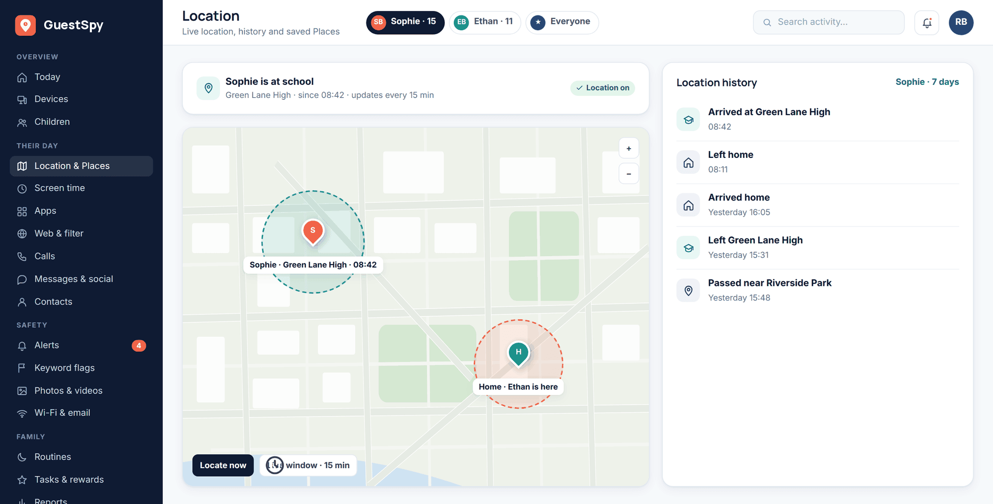 GuestSpy web panel: live location map showing a child at school, a saved Home place, and a location history sidebar