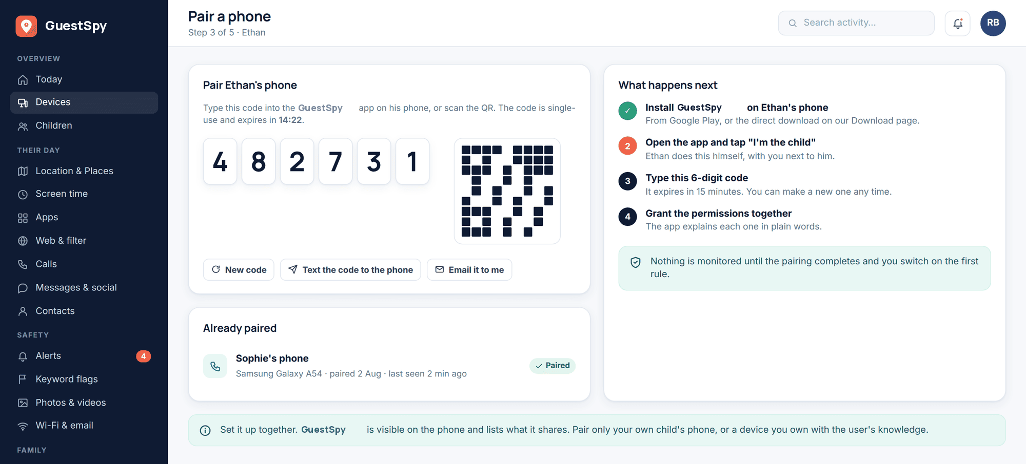 GuestSpy web panel: “Pair a phone” screen showing a one-time 6-digit pairing code, a QR option and the next steps to complete on the child’s phone