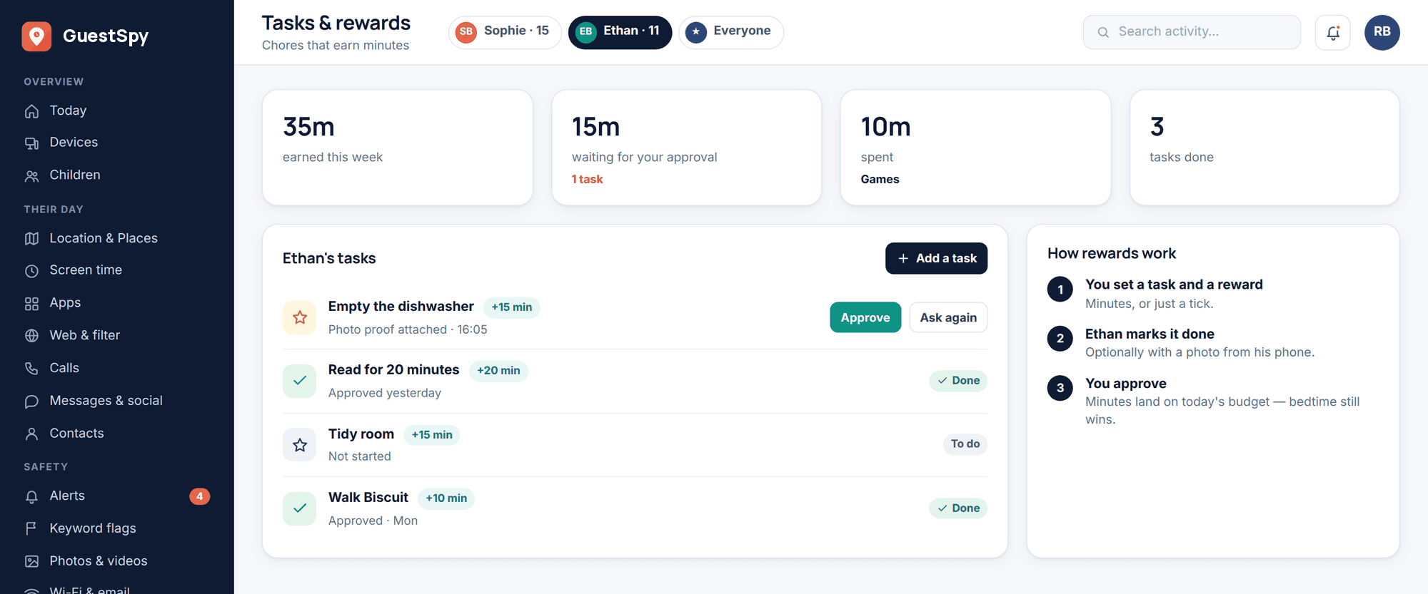 GuestSpy web panel: Tasks & rewards with chores worth minutes, one task waiting for approval with photo proof, and how rewards work