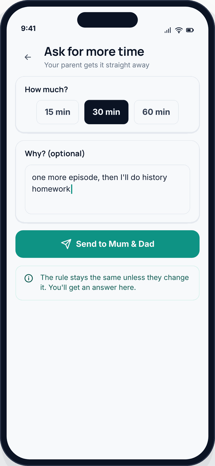 The GuestSpy child app where the child asks for 15, 30 or 60 more minutes and adds a reason that is sent to the parent