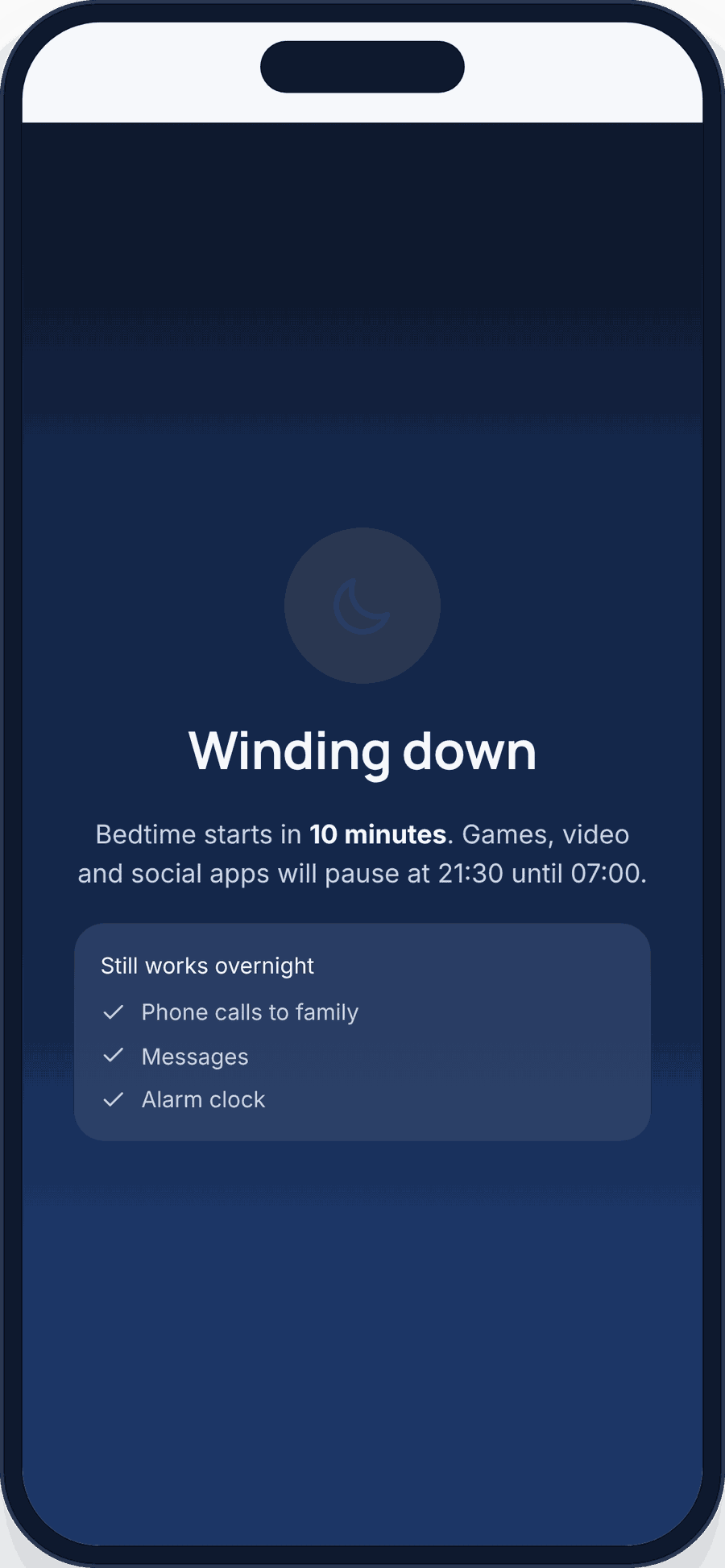 The child’s phone showing the bedtime wind-down warning: games, video and social apps pause at 21:30 while calls, messages and the alarm keep working