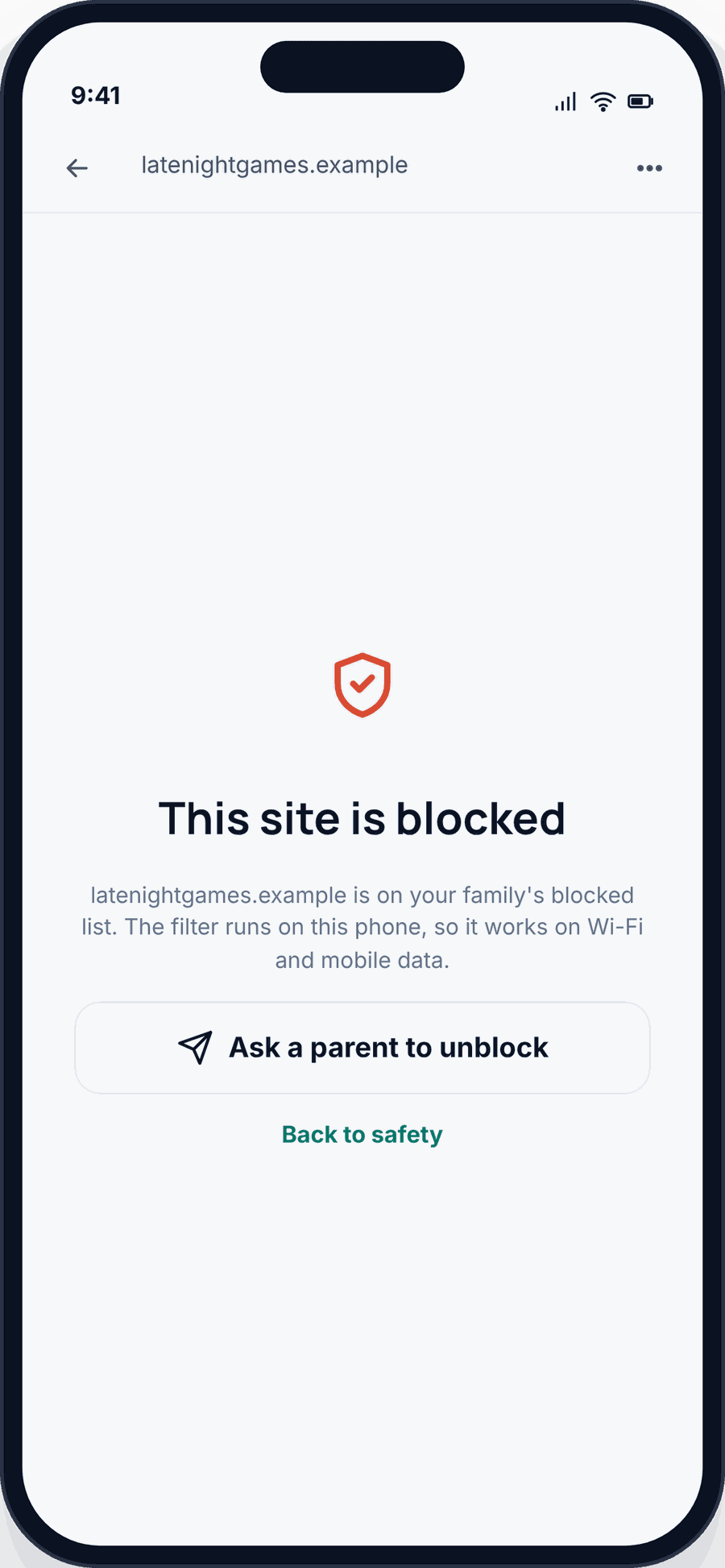 The child’s phone browser showing a site blocked by the family content filter, with a button to ask a parent to unblock it