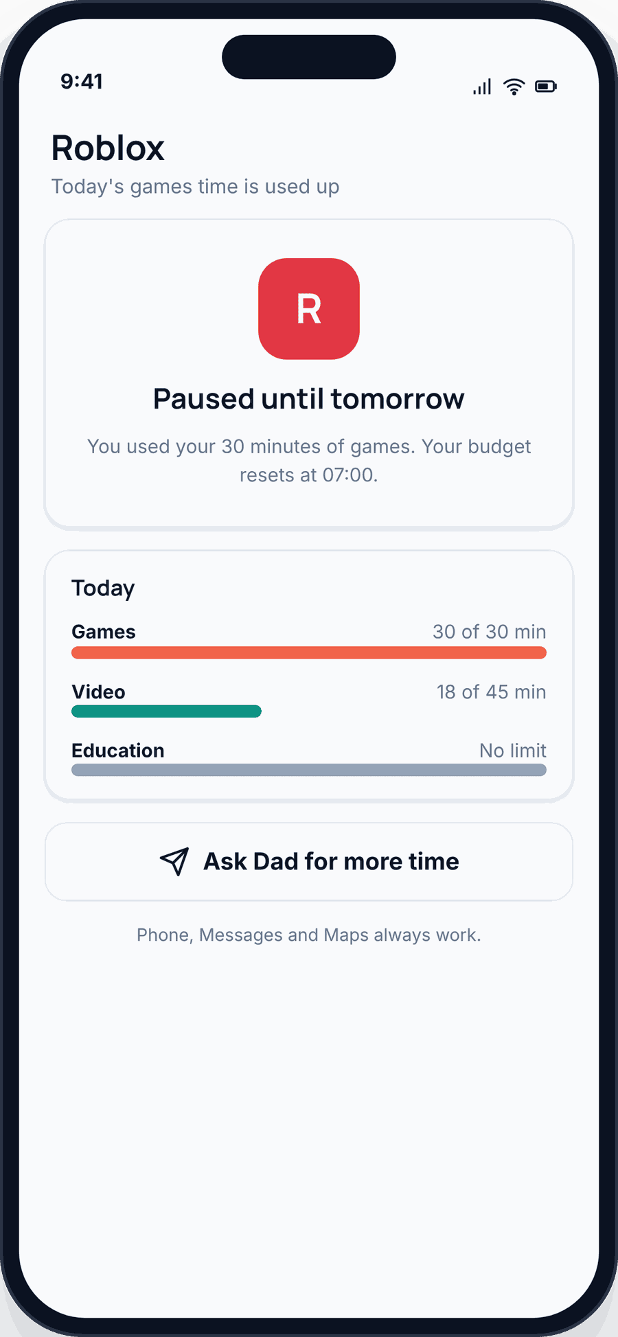 The child’s Android phone showing Roblox paused because today’s games budget is used up, with today’s category budgets and an “Ask for more time” button