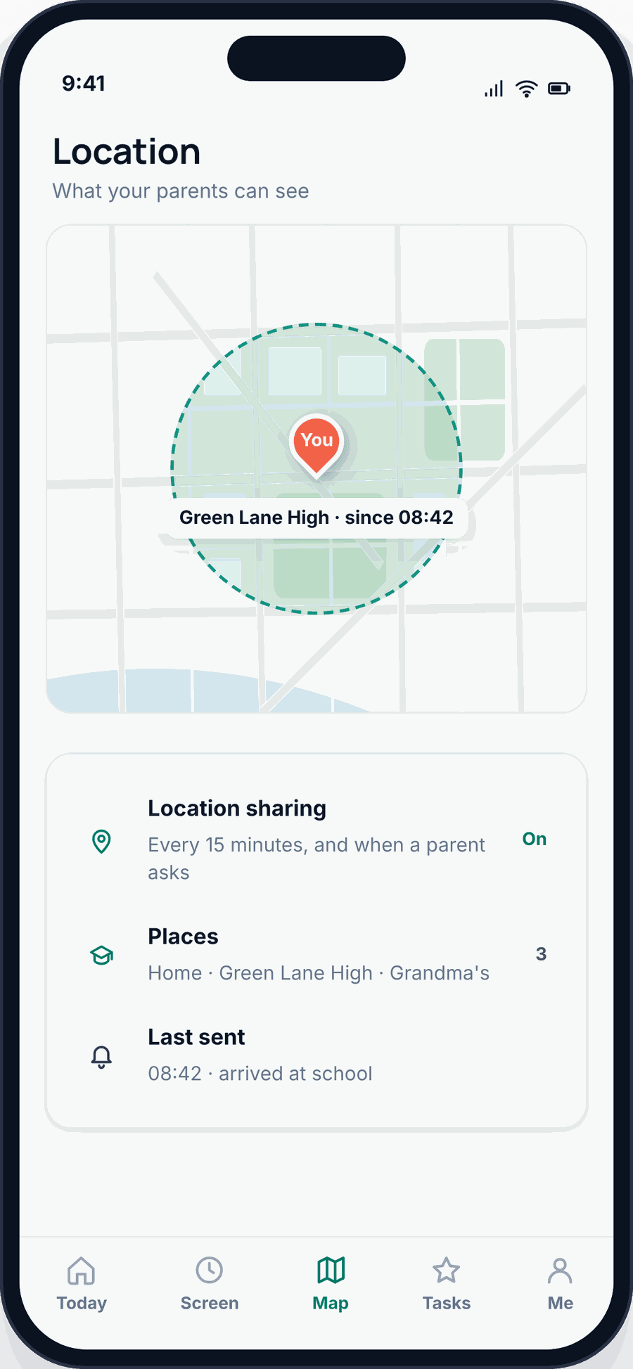 The GuestSpy child app Location screen showing the child their own position at school and exactly what location data is shared