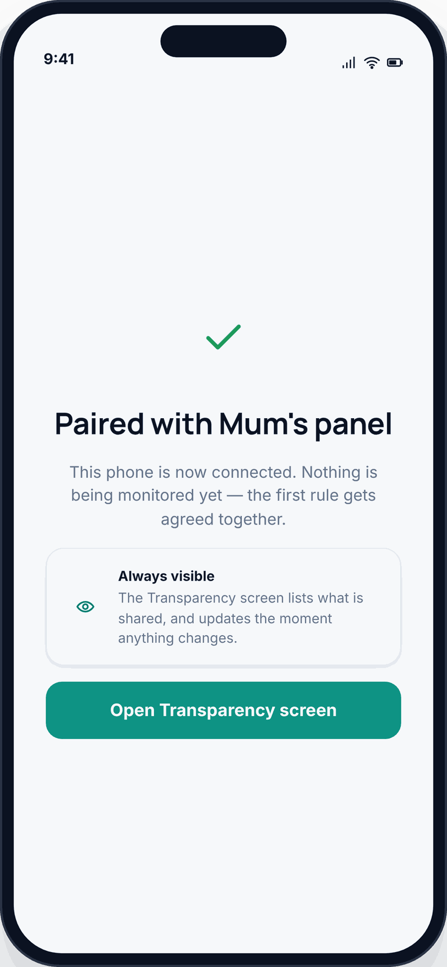 The GuestSpy child app confirming the phone is paired with a parent’s panel and that nothing is monitored until the first rule is agreed