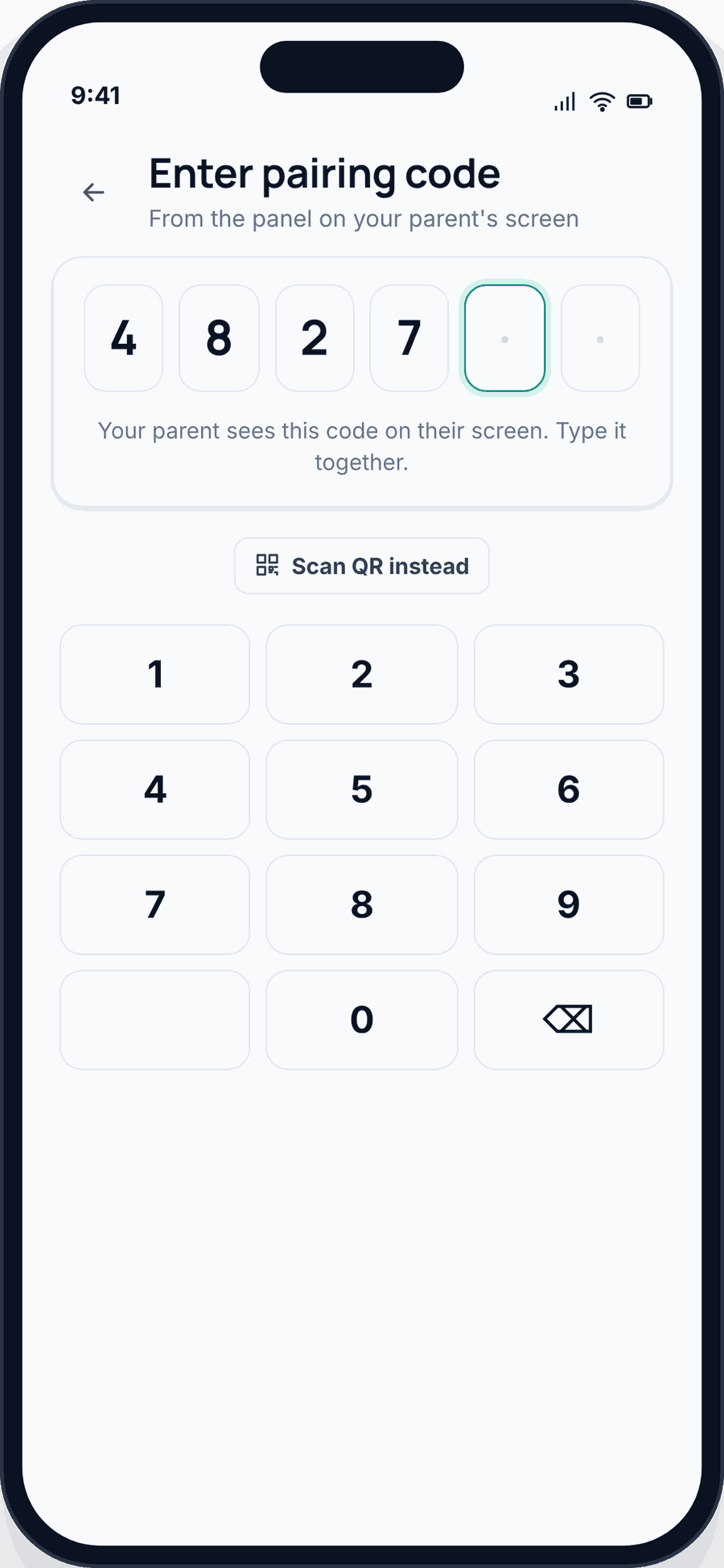 The GuestSpy child app on the child’s phone asking for the 6-digit pairing code shown on the parent’s panel