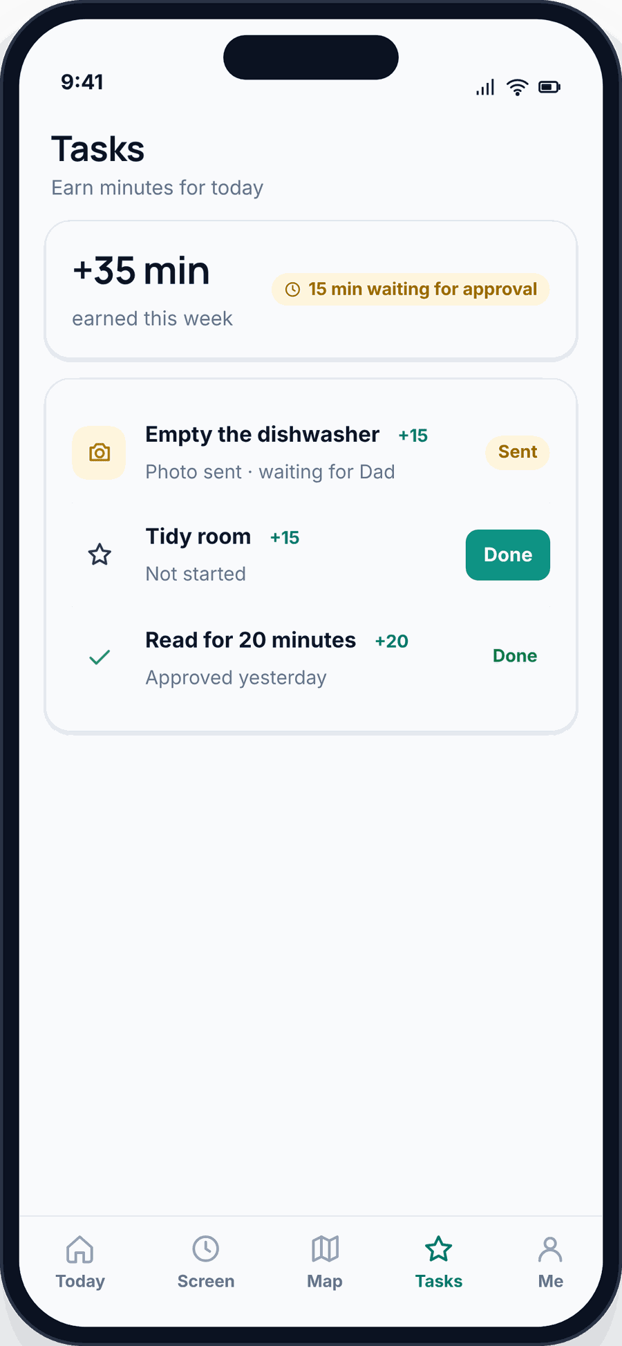 The GuestSpy child app Tasks screen with chores that earn minutes, one sent with photo proof and waiting for approval