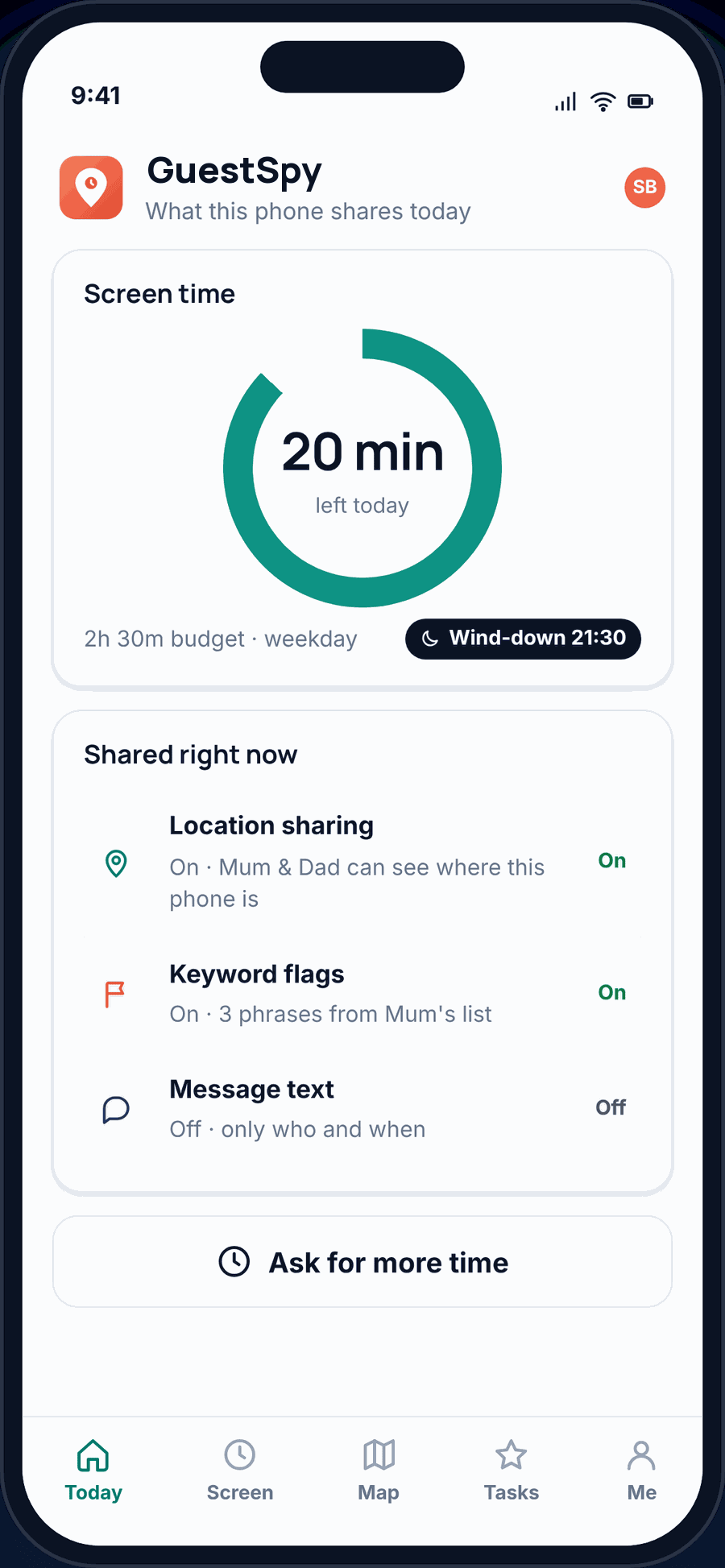 The GuestSpy child app on an Android phone: today’s remaining screen time, what the phone is sharing right now, and an “Ask for more time” button