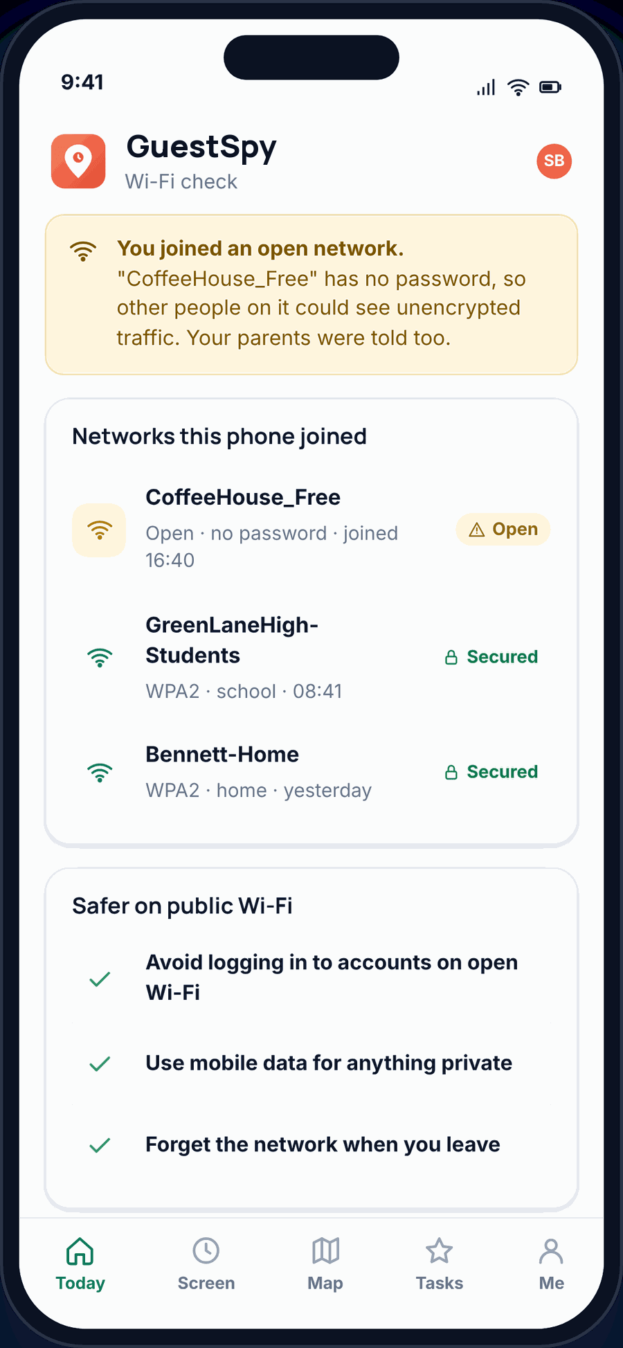 The GuestSpy child app warning that the phone joined an open Wi-Fi network without a password, with the list of recent networks