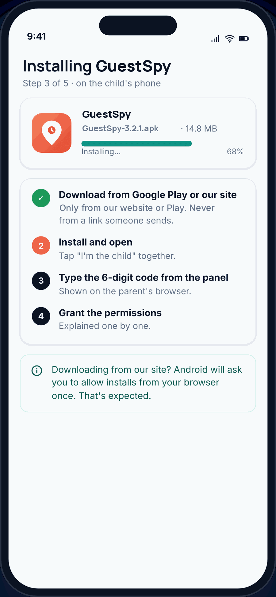 GuestSpy installing on the child’s Android phone, with the setup steps: download, open and tap “I’m the child”, type the code, grant permissions