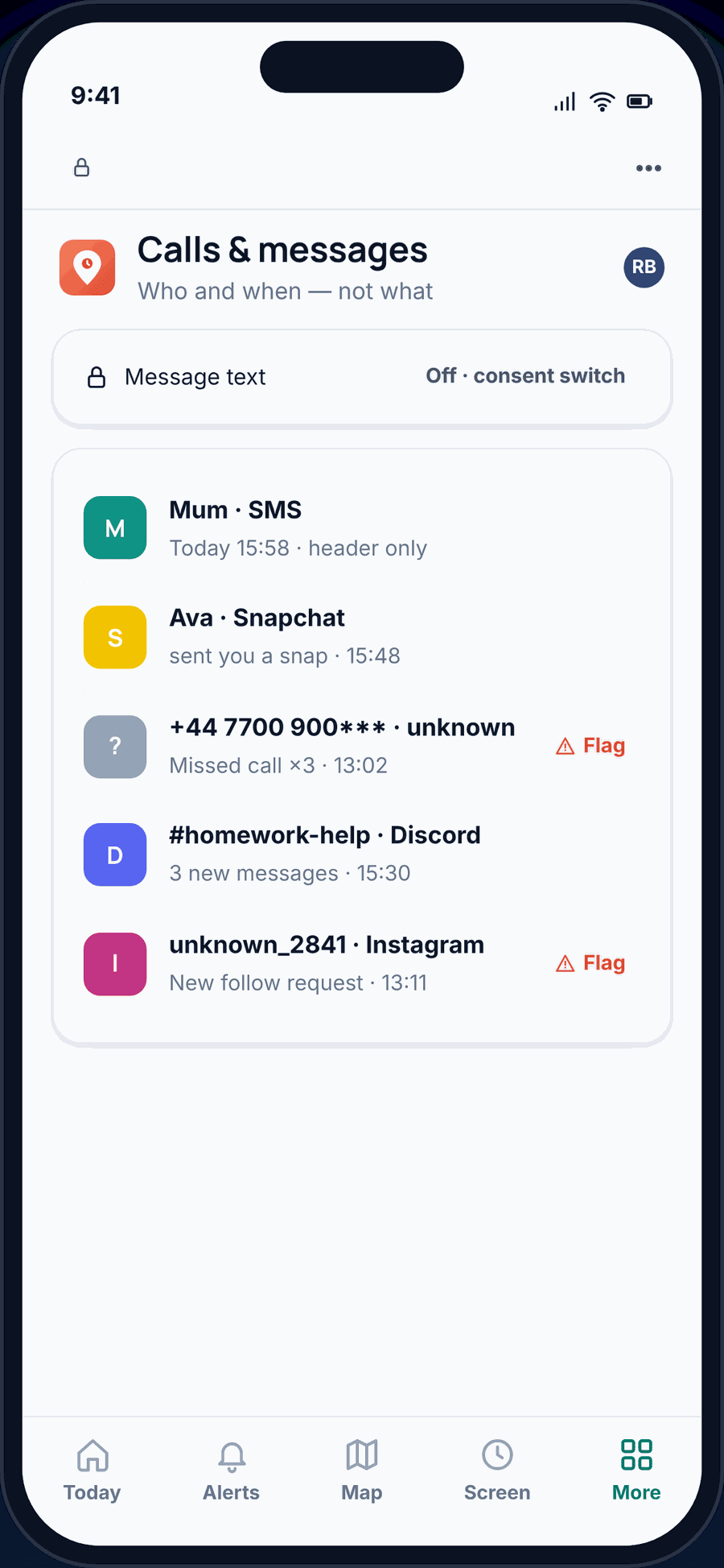 The GuestSpy calls and messages view on a parent’s phone: who and when — an SMS from Mum, a snap from a friend, an unknown number flagged — with message text switched off