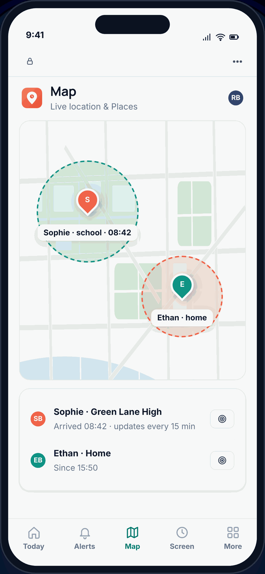 The GuestSpy map in a browser on a parent’s phone, showing both children’s locations and their saved Places