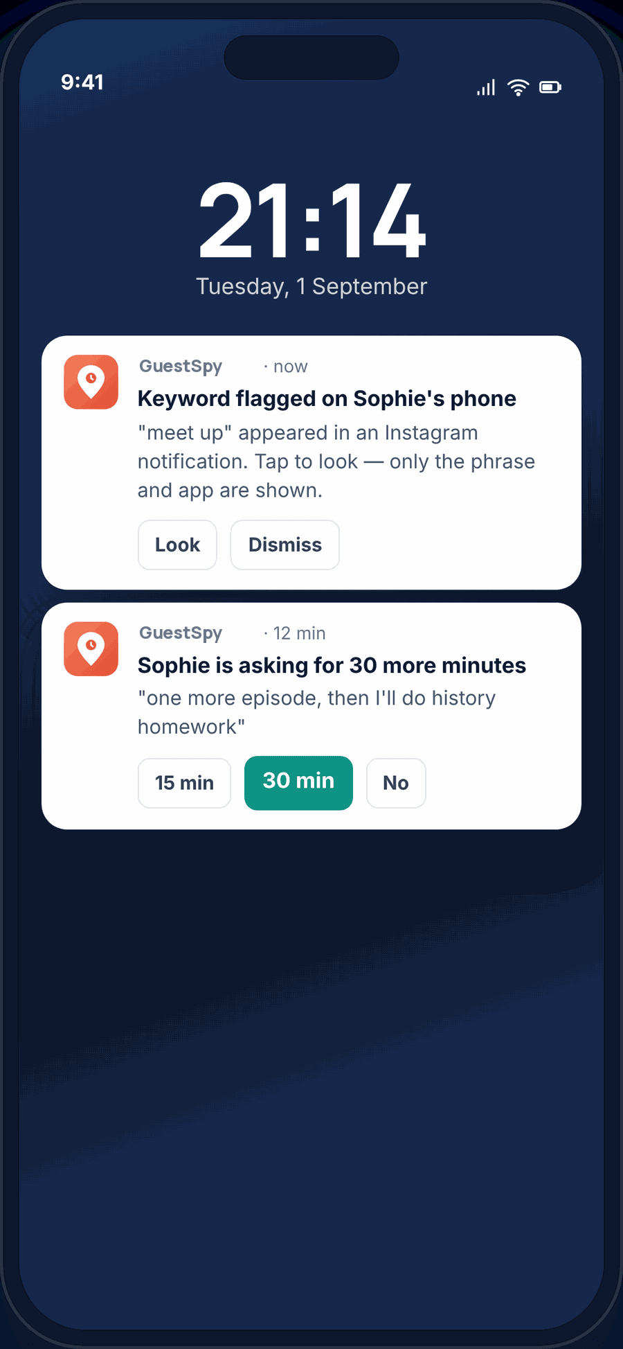 A parent’s phone lock screen with two GuestSpy notifications: a keyword flag on the child’s phone and a request for 30 more minutes with one-tap replies