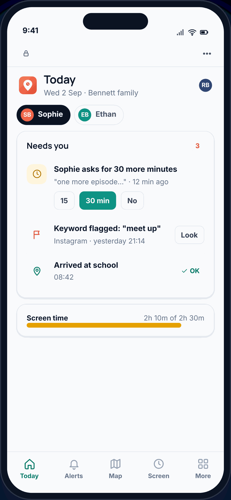 The GuestSpy web panel opened in a browser on a parent’s phone: the Today view with a “Needs you” list and one-tap answers