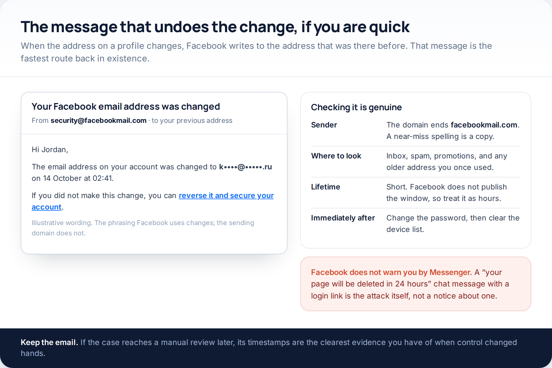 Mockup of a Facebook security email about a changed email address, sent from a facebookmail.com domain, with a reversal link and guidance on checking the sender