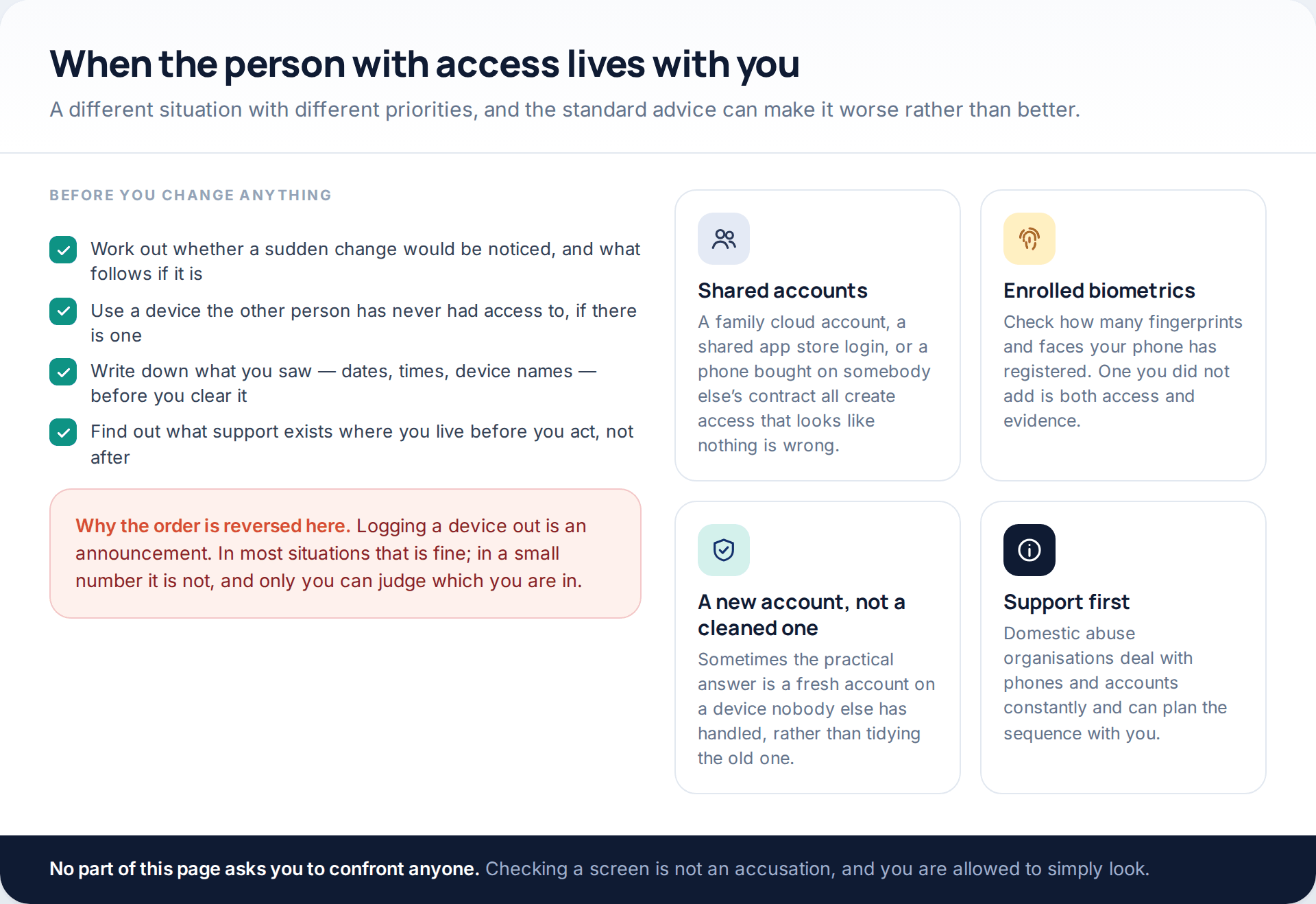 Precautions for checking a phone when the person with access shares your home, including using an unfamiliar device, recording evidence first, and seeking support before acting