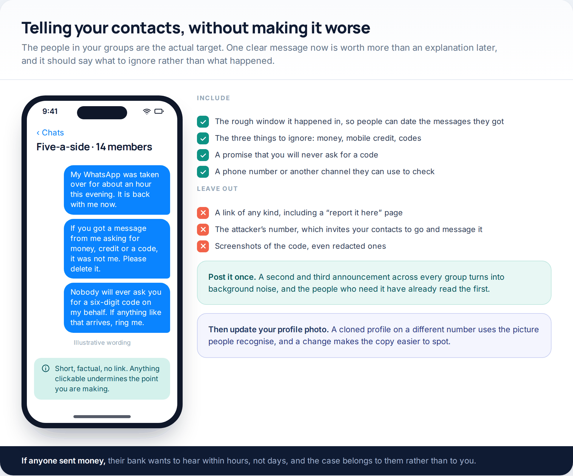 An illustrative group-chat message warning contacts about the takeover, with lists of what to include and what to leave out